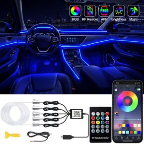 أضواء شريط LED للسيارة الداخلية USB مع تطبيق لاسلكي والتحكم عن بعد ، RGB 6 في 1 مجموعات الإضاءة المحيطة مع 315 بوصة 3.0 مم الألياف البصرية ، 16 مليون لون أضواء نيون السيارة ، مزامنة إلى الموسيقى