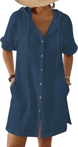 Bsubseach Womens Swimsuit Cover Up Shirt Button Down Short Sleeve Bathingsuit Coverups Hooded Beach Coverup With Pockets in Saudi Arabia
