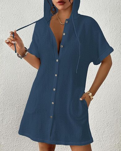 Bsubseach Womens Swimsuit Cover Up Shirt Button Down Short Sleeve Bathingsuit Coverups Hooded Beach Coverup With Pockets in Saudi Arabia