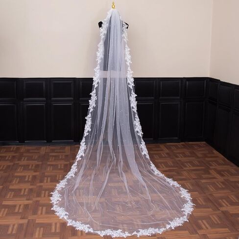 Wedding Veil Pearls Lace Flower Bridal Veil,1 Tier Cathedral Length Fingertip Length Veil Bride Veil with Metal Comb in Kuwait