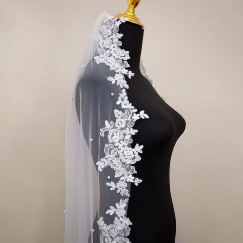 Wedding Veil Pearls Lace Flower Bridal Veil,1 Tier Cathedral Length Fingertip Length Veil Bride Veil with Metal Comb in Kuwait