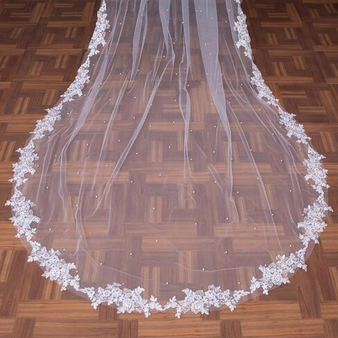 Wedding Veil Pearls Lace Flower Bridal Veil,1 Tier Cathedral Length Fingertip Length Veil Bride Veil with Metal Comb in Kuwait