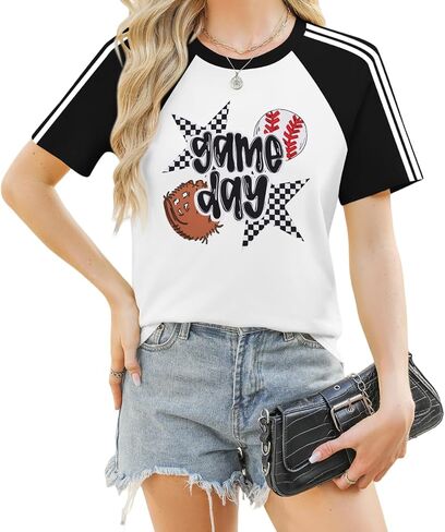 Baseball Shirts Women Baseball Mom Shirts Funny Game Day Baseball Graphic T Shirt Casual Color Block Short Sleeve Tops in Saudi Arabia