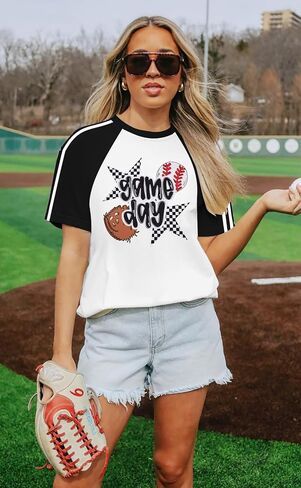 Baseball Shirts Women Baseball Mom Shirts Funny Game Day Baseball Graphic T Shirt Casual Color Block Short Sleeve Tops in Saudi Arabia