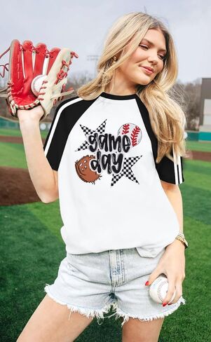 Baseball Shirts Women Baseball Mom Shirts Funny Game Day Baseball Graphic T Shirt Casual Color Block Short Sleeve Tops in Saudi Arabia