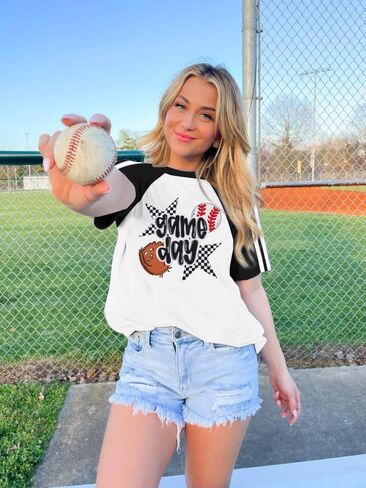 Baseball Shirts Women Baseball Mom Shirts Funny Game Day Baseball Graphic T Shirt Casual Color Block Short Sleeve Tops in Saudi Arabia