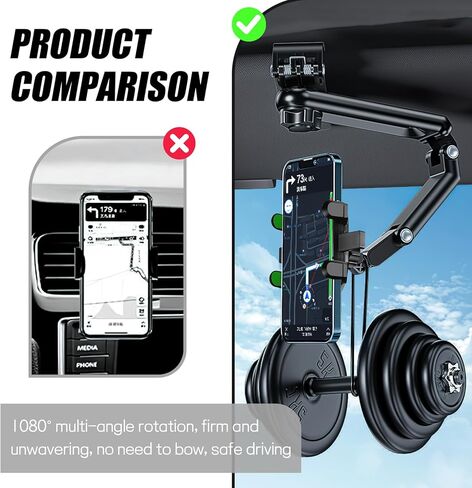 Sun Visor Car Phone Holder, 1080° Rearview Phone Holder for Car Sun Visor Clamp, Multifunctional Rotatable and Retractable Phone Holder Compatible with Most Mobile Phones (Gray) in Saudi Arabia
