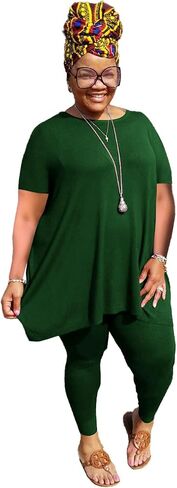 YeGine Women Plus Size 2 Piece Outfits Short Sleeve Top and Legging Pant Set Sweatsuit Tracksuit Dark Green 5XL in Saudi Arabia