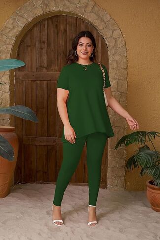 YeGine Women Plus Size 2 Piece Outfits Short Sleeve Top and Legging Pant Set Sweatsuit Tracksuit Dark Green 5XL in Saudi Arabia