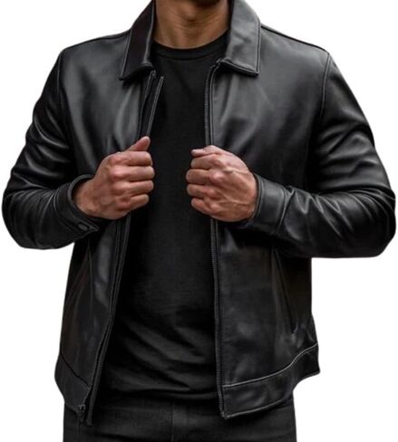 Mens Shirt Collar Genuine Real Lambskin Leather Jacket For Men Vintage Classic Biker Style with Zip Out Liner in Kuwait