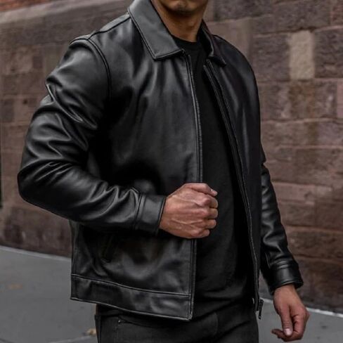 Mens Shirt Collar Genuine Real Lambskin Leather Jacket For Men Vintage Classic Biker Style with Zip Out Liner in Kuwait