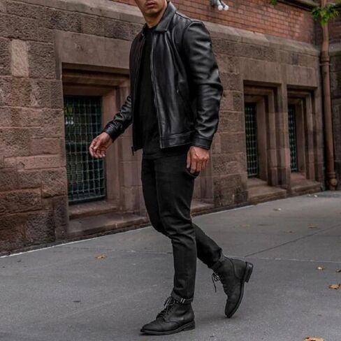 Mens Shirt Collar Genuine Real Lambskin Leather Jacket For Men Vintage Classic Biker Style with Zip Out Liner in Kuwait