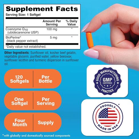 Health Thru Nutrition CoQ-10 100mg with BioPerine 120 Softgels | High Absorption Naturally Fermented USP Grade Coenzyme Q10 Supplement | 3rd Party Tested | Heart Health and Energy Support in Saudi Arabia