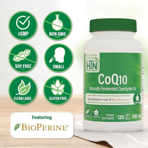 Health Thru Nutrition CoQ-10 100mg with BioPerine 120 Softgels | High Absorption Naturally Fermented USP Grade Coenzyme Q10 Supplement | 3rd Party Tested | Heart Health and Energy Support in Saudi Arabia