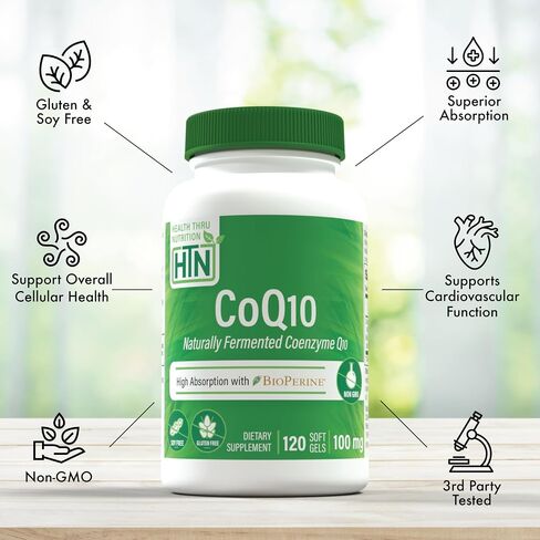 Health Thru Nutrition CoQ-10 100mg with BioPerine 120 Softgels | High Absorption Naturally Fermented USP Grade Coenzyme Q10 Supplement | 3rd Party Tested | Heart Health and Energy Support in Saudi Arabia