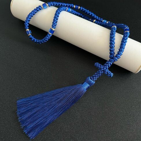2PCS Black Chotki Christian Orthodox Prayer Rope, Blue 100 Knot Greek Omboskoini with 50knot,Protection Blessing Cross Greek Orthodox Gifts Car Hanging Charm Home Ornaments (Blue 50knot&100kont) in Saudi Arabia