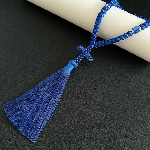 2PCS Black Chotki Christian Orthodox Prayer Rope, Blue 100 Knot Greek Omboskoini with 50knot,Protection Blessing Cross Greek Orthodox Gifts Car Hanging Charm Home Ornaments (Blue 50knot&100kont) in Saudi Arabia
