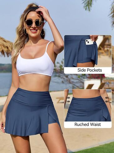 SHEKINI Women's High Waisted Swim Skirt Ruched Waist Bathing Suit Bottom with Two Side Pockets in Saudi Arabia