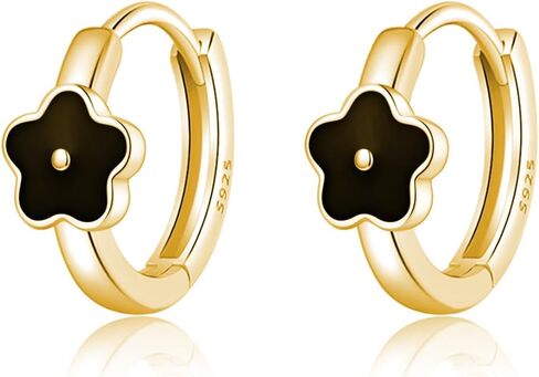 Sluynz Solid 925 Sterling Silver Black Flower أقراط الطوق للنساء المراهقات الصغيرة الزهرة أقراط Huggie in Saudi Arabia