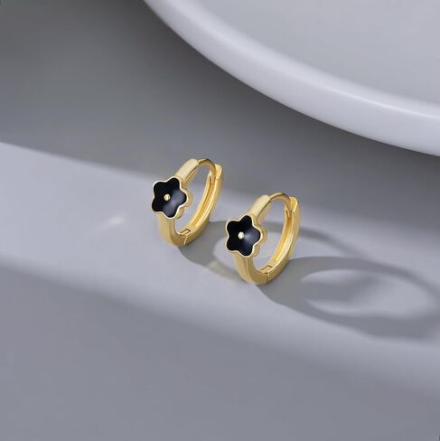 Sluynz Solid 925 Sterling Silver Black Flower أقراط الطوق للنساء المراهقات الصغيرة الزهرة أقراط Huggie in Saudi Arabia