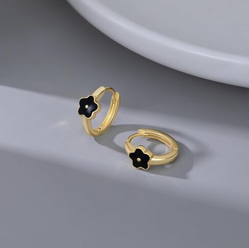 Sluynz Solid 925 Sterling Silver Black Flower أقراط الطوق للنساء المراهقات الصغيرة الزهرة أقراط Huggie in Saudi Arabia
