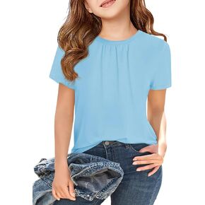 Haloumoning Girls Short Sleeve T Shirts Kids Summer Pleated Tops Casual Crewneck Tees 5-14 Years