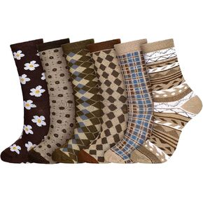 Geyoga 6 Pairs Vintage Cotton Socks for Women Floral Plaid Print Crew Brown Socks for Women