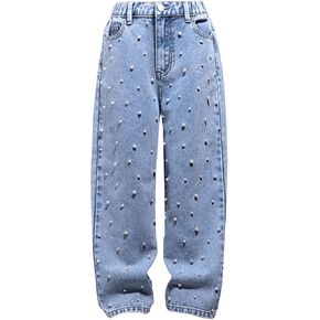 GORGLITTER Girl's Pearl Beaded Jeans Elastic Waist Straight Leg Loose Denim Pants with Pockets