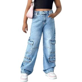 SHENHE Girl's Wide Leg Jeans Baggy High Waisted Straight Hem Flap Pockets Y2K Kid Denim Cargo Pants