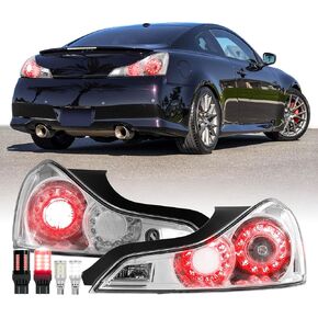 USR 08-15 V35 2D Tail Light – w/ 4 LED Bulbs Upgrade (Left + Right) Pair - Compatible with 2008-2015 Infiniti G37 / Q60 Coupe 2 Door All Models/Trims (CLEAR TAIL LIGHTS w/WIRE HARNESS & LED BULBS)