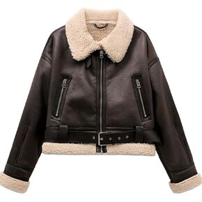 LY VAREY LIN Women's Faux Shearing Fur Bomber Jacket Cropped Aviator Leather Coat Outerwear