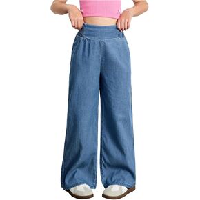 SHENHE Girl's Wide Leg Smocked Elastic Pull on Jeans High Waisted Loose Casual Denim Pants