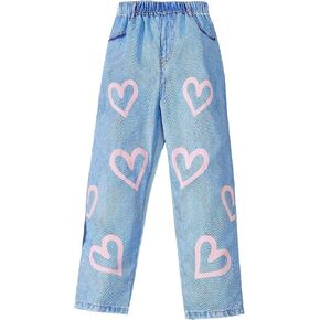 Milumia Girl's Heart Pattern Denim Pants Elastic High Waist Straight Leg Jeans