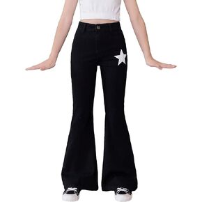 OYOANGLE Girl's Graphic Print High Waist Flared Jeans Bell Bottom Denim Pants Streetwear