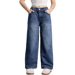 SHENHE Girl's Wide Leg Jeans Elastic Waist Casual Baggy Preppy Denim Pants Trousers