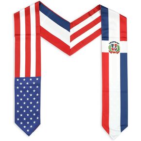 USA And Dominican Flag Graduation Stole, Satin Embroidery Graduation Sash for International Students, 72 Inch Length.