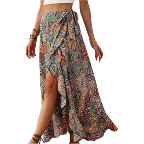 Verdusa Women's Asymmetrical Wrap Skirt Flowy Floral High Waist Split Side Maxi Vacation Skirt