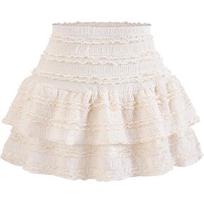 Women's Pleated Ruffle Mini Skirt Lace High Waist Layered Flared Flowy Tiered Short Skirt in Kuwait