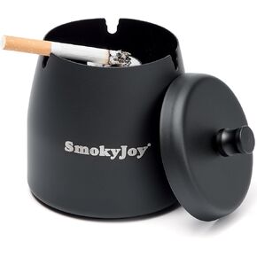 Ashtray with Lid for Outside Patio, Windproof Ash Tray, Black Stainless Steel Smokeless Ashtray for Outdoor Home Office Tabletop Patio Outdoor Balcony, Medium