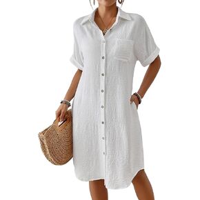 Bsubseach Womens Swimsuit Cover Up Long Button Down Bathing Suit Cover Ups Short Sleeve Summer Beach Shirt Dress with Pockets