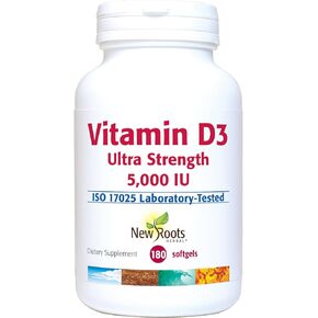 New Roots | Vitamin D3 Supplement 5000 IU (Ultra Strength) Combining with Vitamin E (180 Softgels) for Effective Immune System Support, Bone, Teeth, Muscle Support