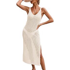 Womens Crochet Knit Sheer Beach Dresses Summer 2025 Backless V Neck Side Slit Bathing Suit Cover Up Midi Dress