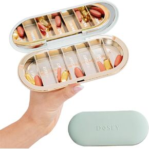 Dosey 7 Day Pill Compact Travel Pill Organizer - Pill Case with 7 Pill Compartments for Medicine Storage & Protection – Stylish & Elegant Medication Organizer with Mirror, Sage