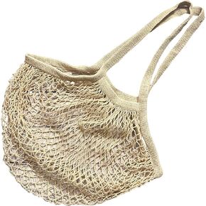 Mesh Net Bag with Long Shoulder Handle Bag Stretchable Reusable for Grocery Shopping Beach Toys Storage (Natural Beige)