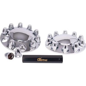 Complete Chrome Wheel Cover Set, 33mm Lug Nut Covers for Semi Trucks, 2 Front Axle Wheel Covers w/Removable Hub Caps for Trucks, Dome Top, Screw On