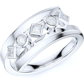 8mm Wide Solid Sterling Silver Five Stone Split Twisted Shank Bezel Set Simulated Round and Princess Diamond or Genuine Moissanites Ring Wedding Band