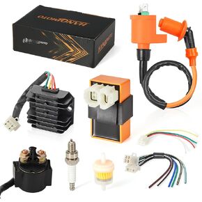 GY6 150cc Ignition Coil Kit with Voltage Regulator Rectifier 6 Pin AC CDI Box Solenoid Relay & Spark Plug for 150cc 125cc 50cc ATV Quad Dongfang Go Kart Moped Scooter High Performance Parts of 8