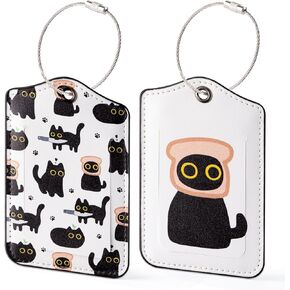 Laffact Black Cat Luggage Tag - 2 Sets Funny Kawaii Cartoon Black Kitten Cute Double Fabric PU Leather Luggage Tag Information Card Steel Loop for Women Men Suitcases Handbags Backpacks Cat Lovers