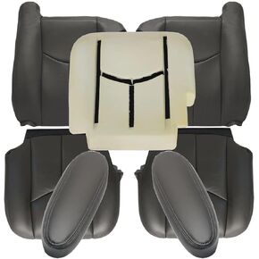 GXARTS Driver and Passenger Side Bottom and Top Lean Back Leather Seat Cover &Driver Foam and Armrest Dark Gray 692/69i Fit for Chevy Silverado Avalanche Tahoe Suburban GMC Sierra Yukon XL 2003-2006