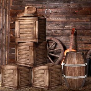 Bucherry 6 set Western Cowboy Party Decorations 4 Pcs 11.8 Inches Wood Grain Boxes 2 Pcs 15.75 inches Wine Barrel Boxes Hay Decoration for Cowboy Farmhouse Pirate Themed Party